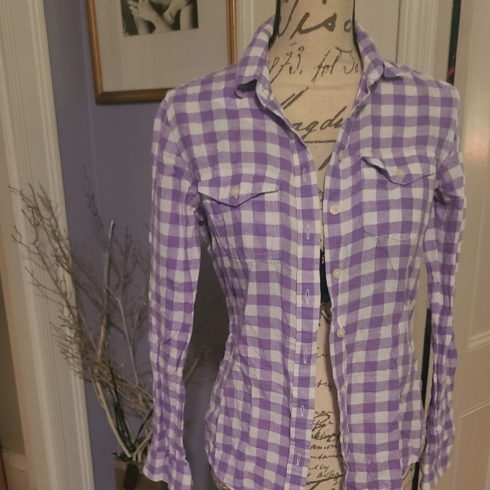 BANANA REPUBLIC PURPLE WHITE PLAID FITTED BUTTON DOWN XS NEW. Hp🔥🔥🔥